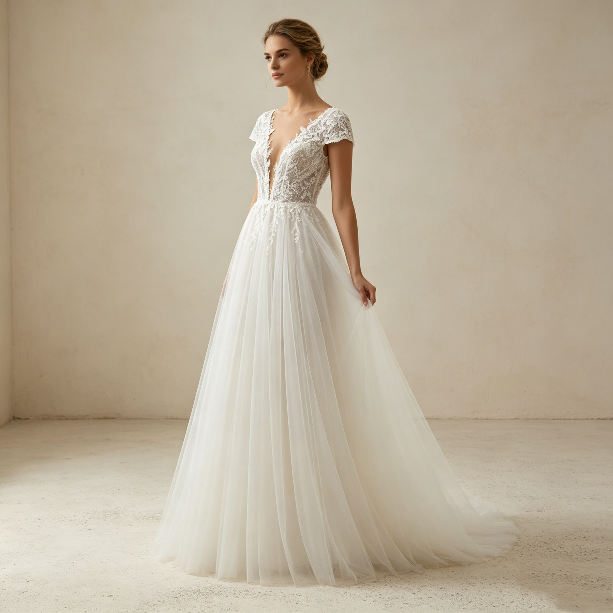 Elfenhafter Look: Bodenlanges A-Linien-Kleid aus Tüll mit sexy V-Neck und dezenter, mitschwingender Schleppe