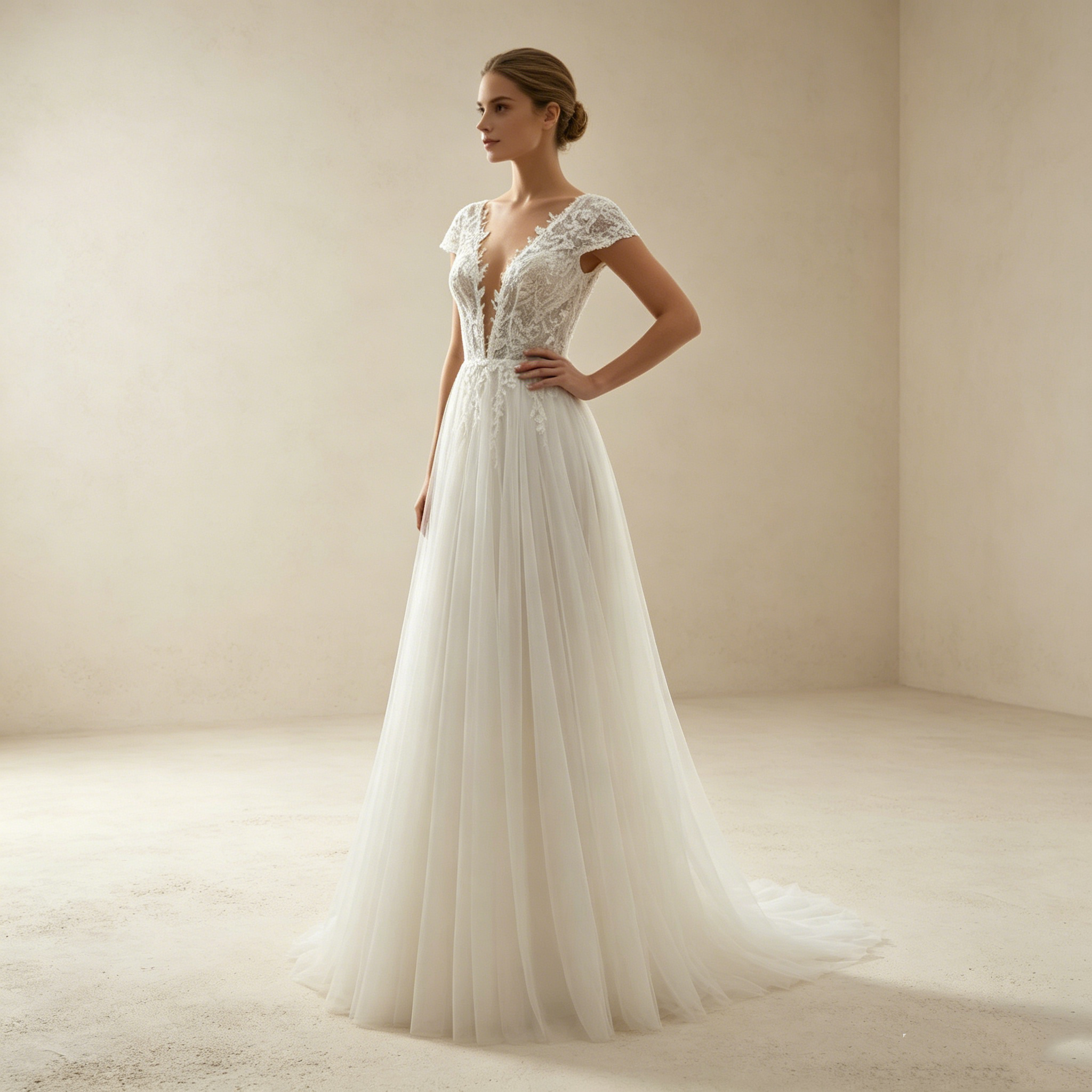 Elfenhafter Look: Bodenlanges A-Linien-Kleid aus Tüll mit sexy V-Neck und dezenter, mitschwingender Schleppe
