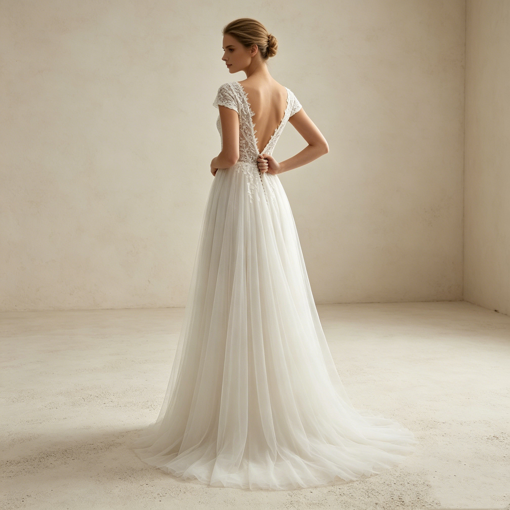 Elfenhafter Look: Bodenlanges A-Linien-Kleid aus Tüll mit sexy V-Neck und dezenter, mitschwingender Schleppe