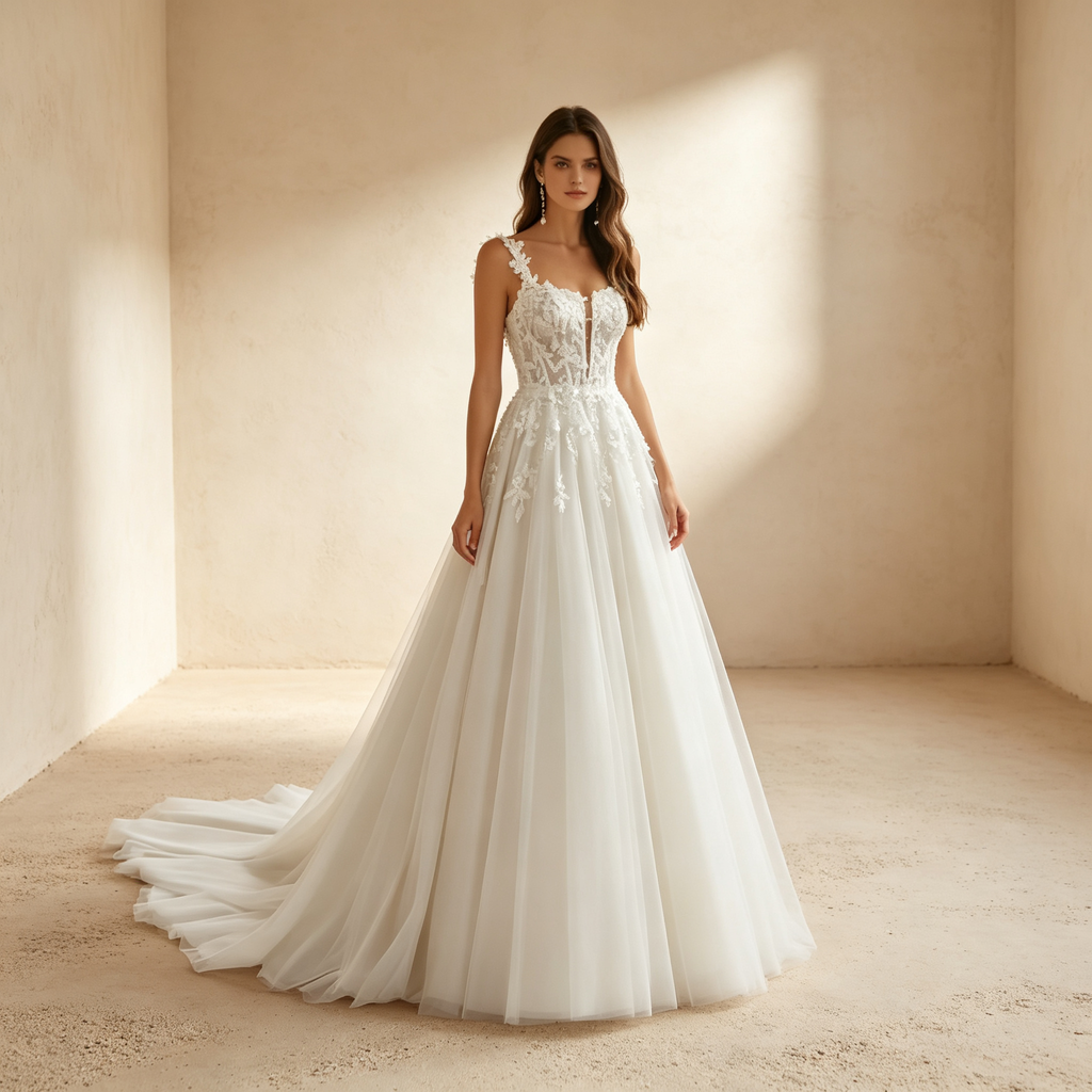Eleganz Tüll A-Linien-Abendkleid mit Spitze & Trägern - Elfenbein