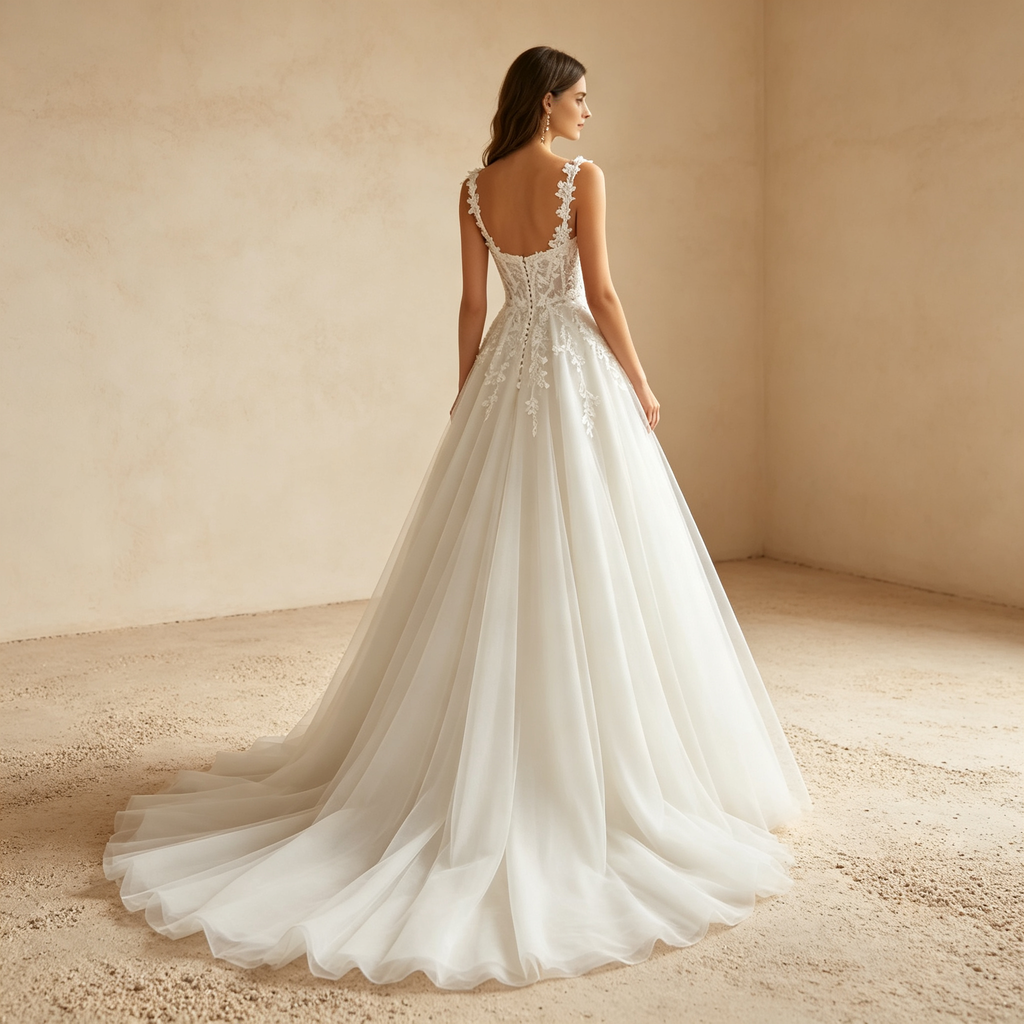 Eleganz Tüll A-Linien-Abendkleid mit Spitze & Trägern - Elfenbein