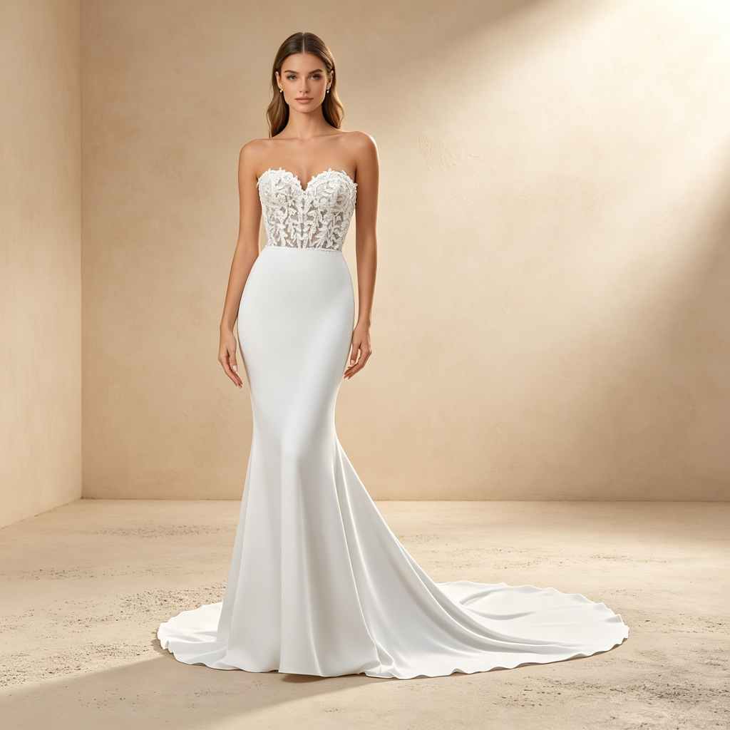Trägerloses Meerjungfrau-Abendkleid mit Spitzenkorsett & Schleppe - Weiß