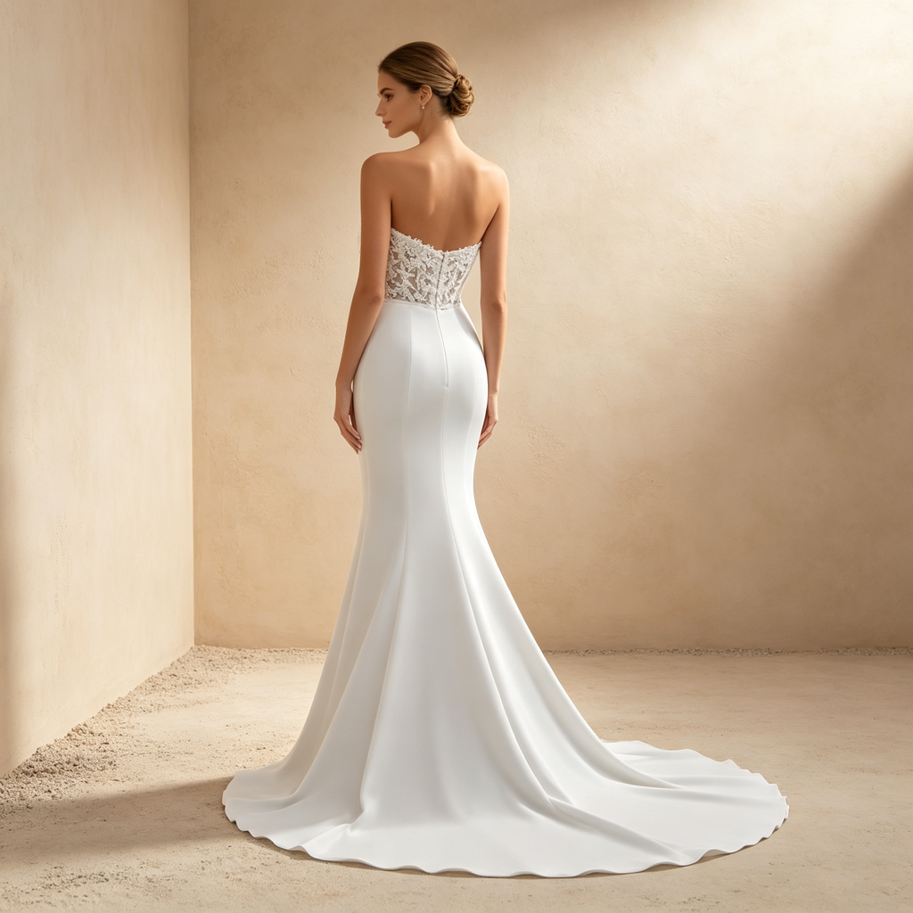 Trägerloses Meerjungfrau-Abendkleid mit Spitzenkorsett & Schleppe - Weiß