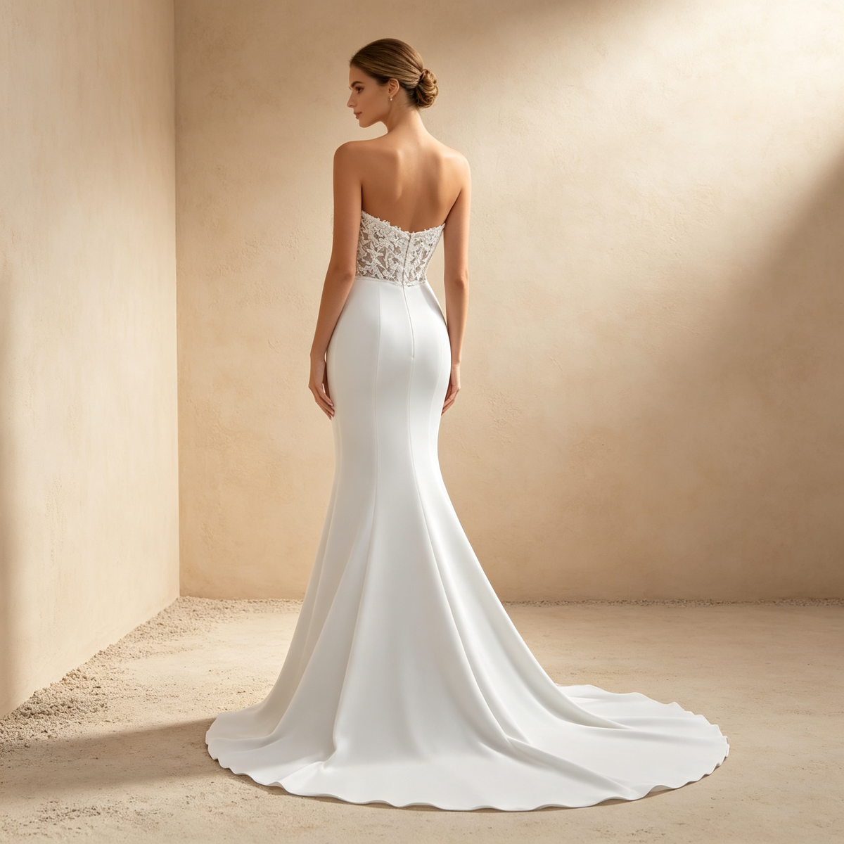 Trägerloses Meerjungfrau-Abendkleid mit Spitzenkorsett & Schleppe - Weiß