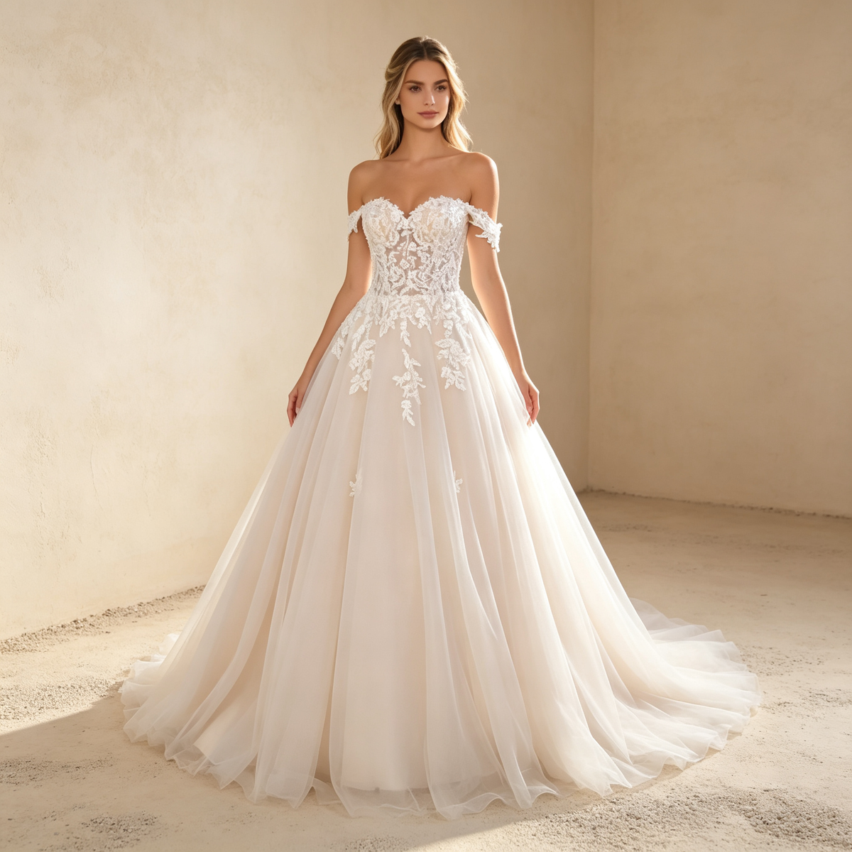Off-Shoulder Tüll A-Linien-Abendkleid mit Spitzenkorsett - Elfenbein