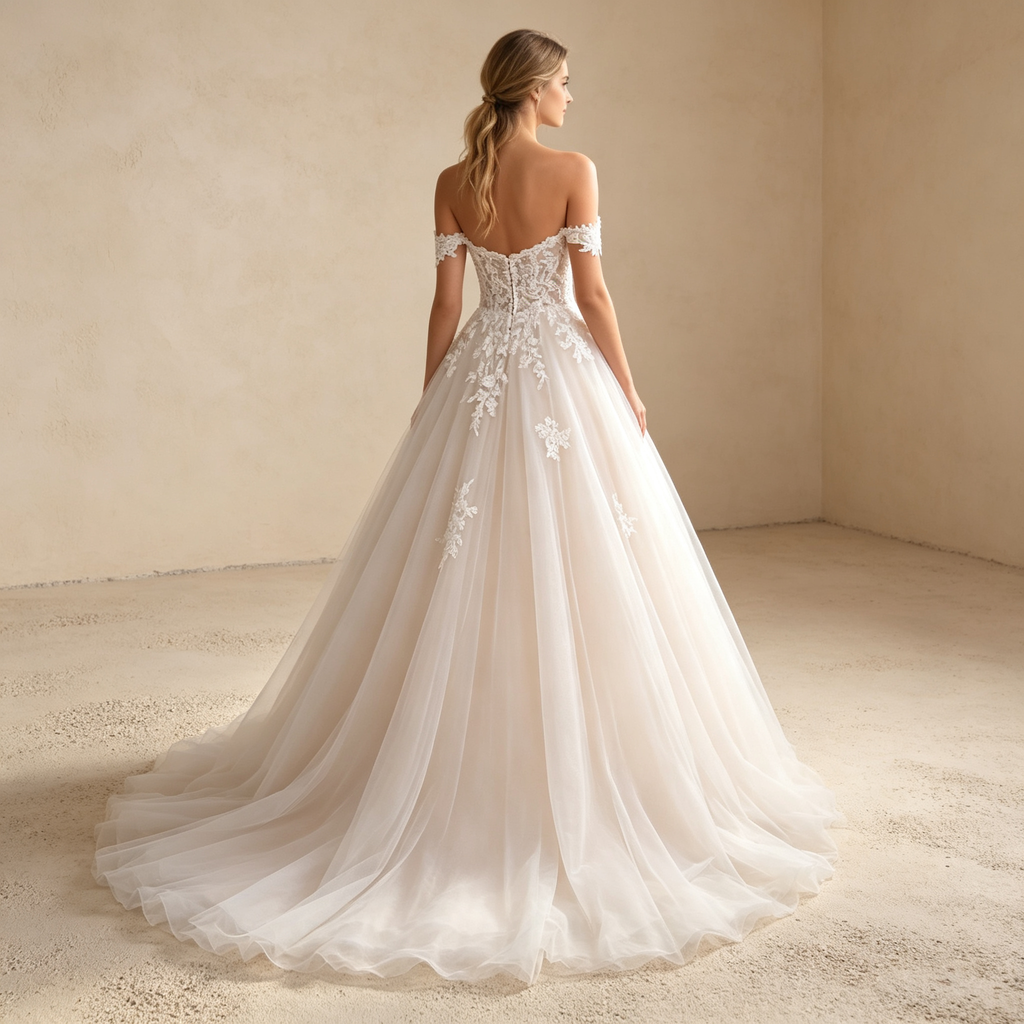 Off-Shoulder Tüll A-Linien-Abendkleid mit Spitzenkorsett - Elfenbein