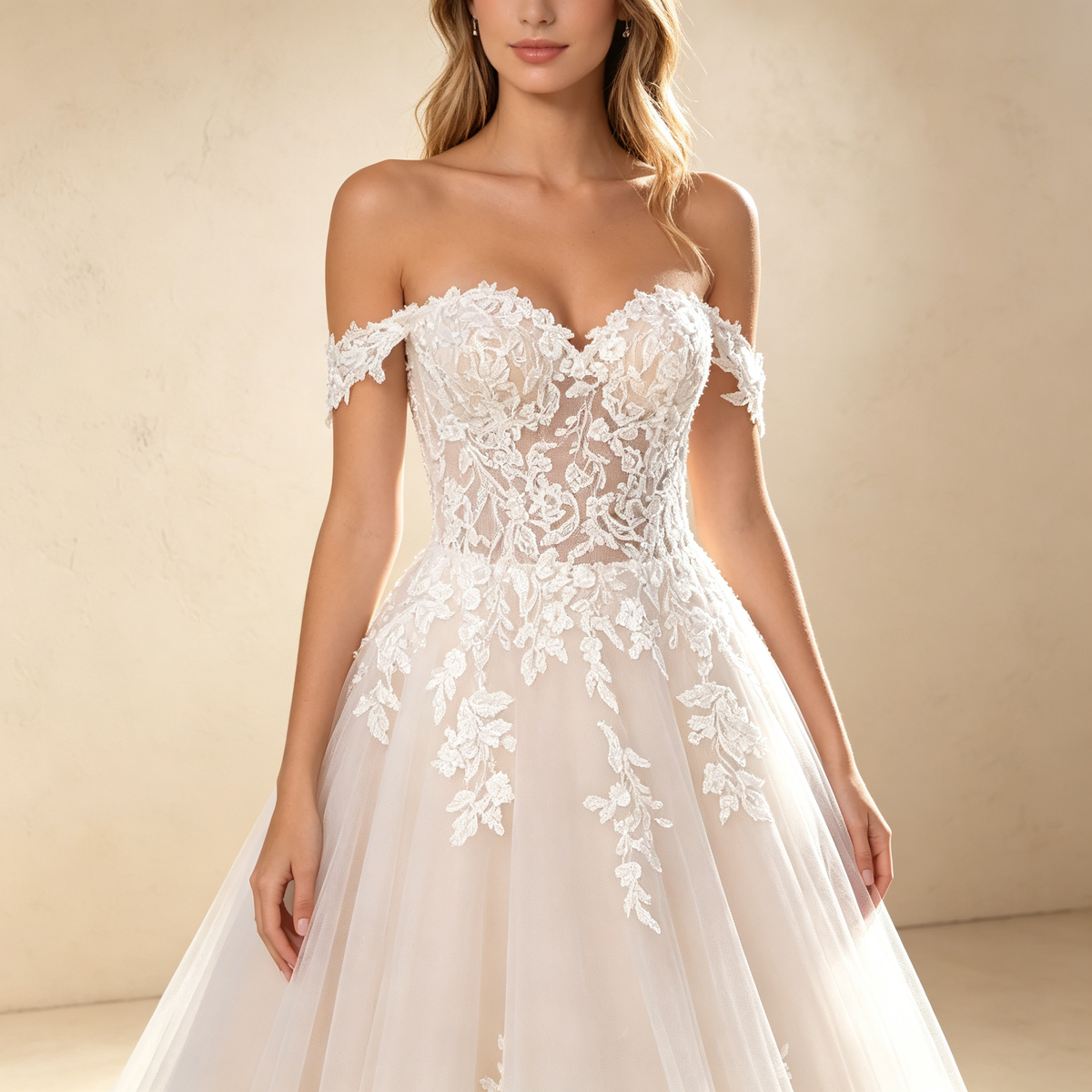 Off-Shoulder Tüll A-Linien-Abendkleid mit Spitzenkorsett - Elfenbein