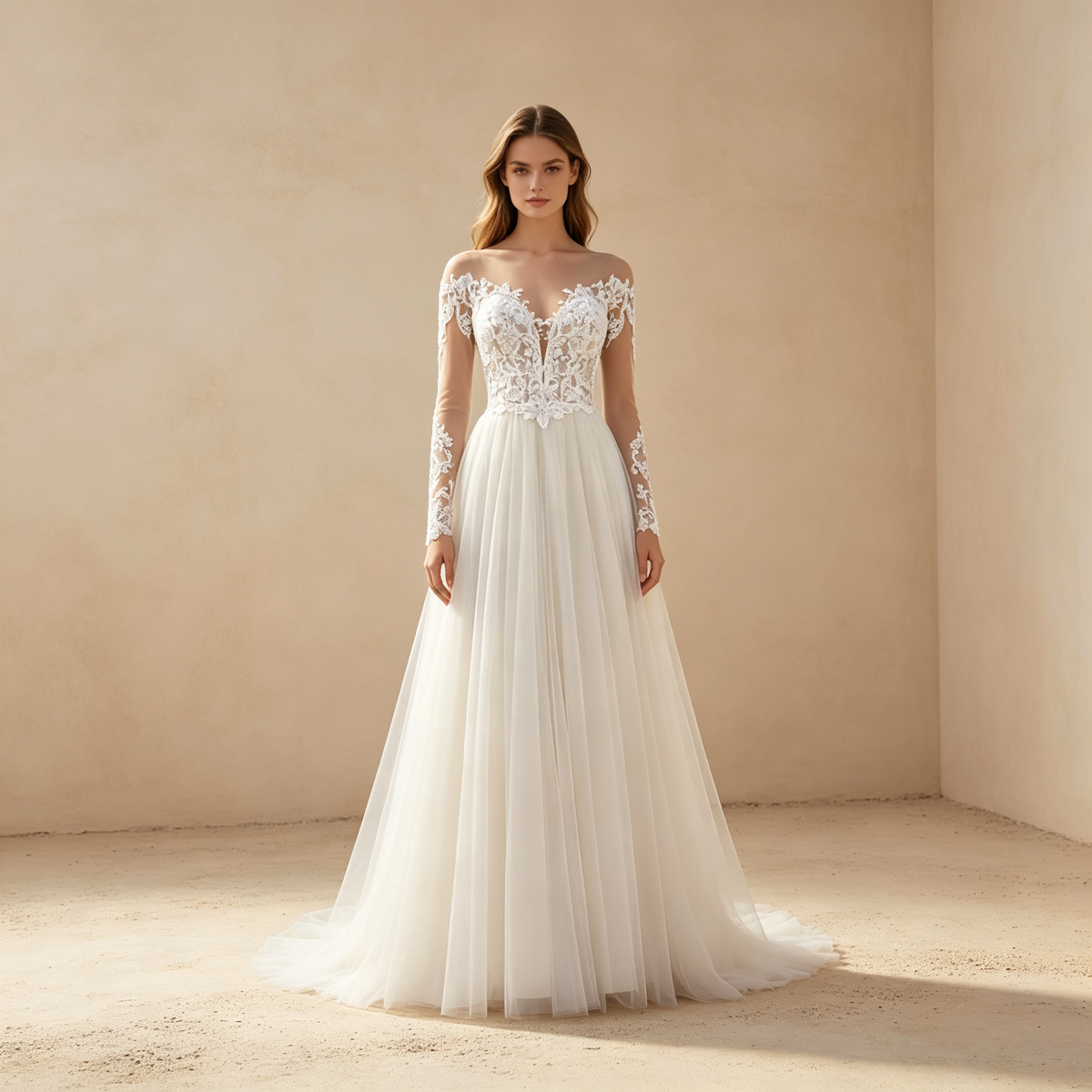 Langärmeliges Tüll A-Linien-Abendkleid mit Illusions-Spitzenoberteil - Elfenbein