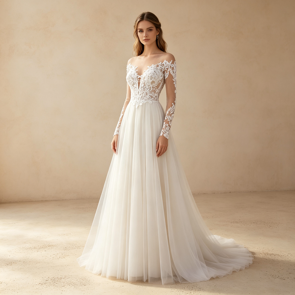 Langärmeliges Tüll A-Linien-Abendkleid mit Illusions-Spitzenoberteil - Elfenbein
