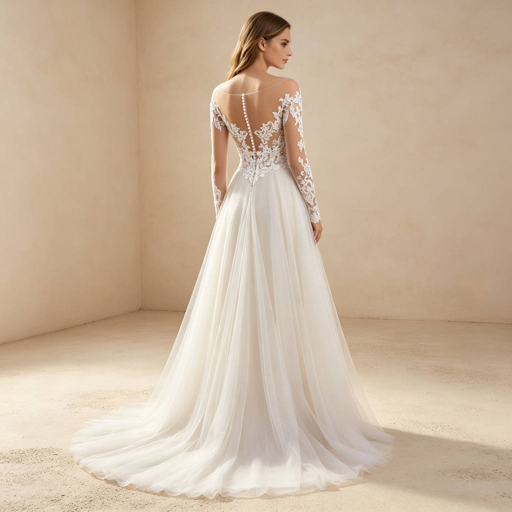 Langärmeliges Tüll A-Linien-Abendkleid mit Illusions-Spitzenoberteil - Elfenbein