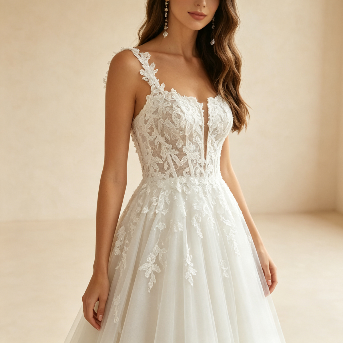 Eleganz Tüll A-Linien-Abendkleid mit Spitze & Trägern - Elfenbein