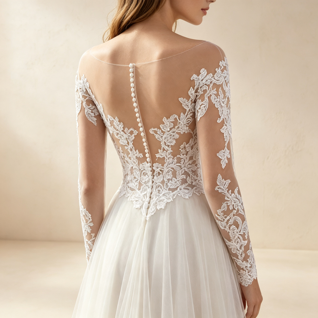 Langärmeliges Tüll A-Linien-Abendkleid mit Illusions-Spitzenoberteil - Elfenbein