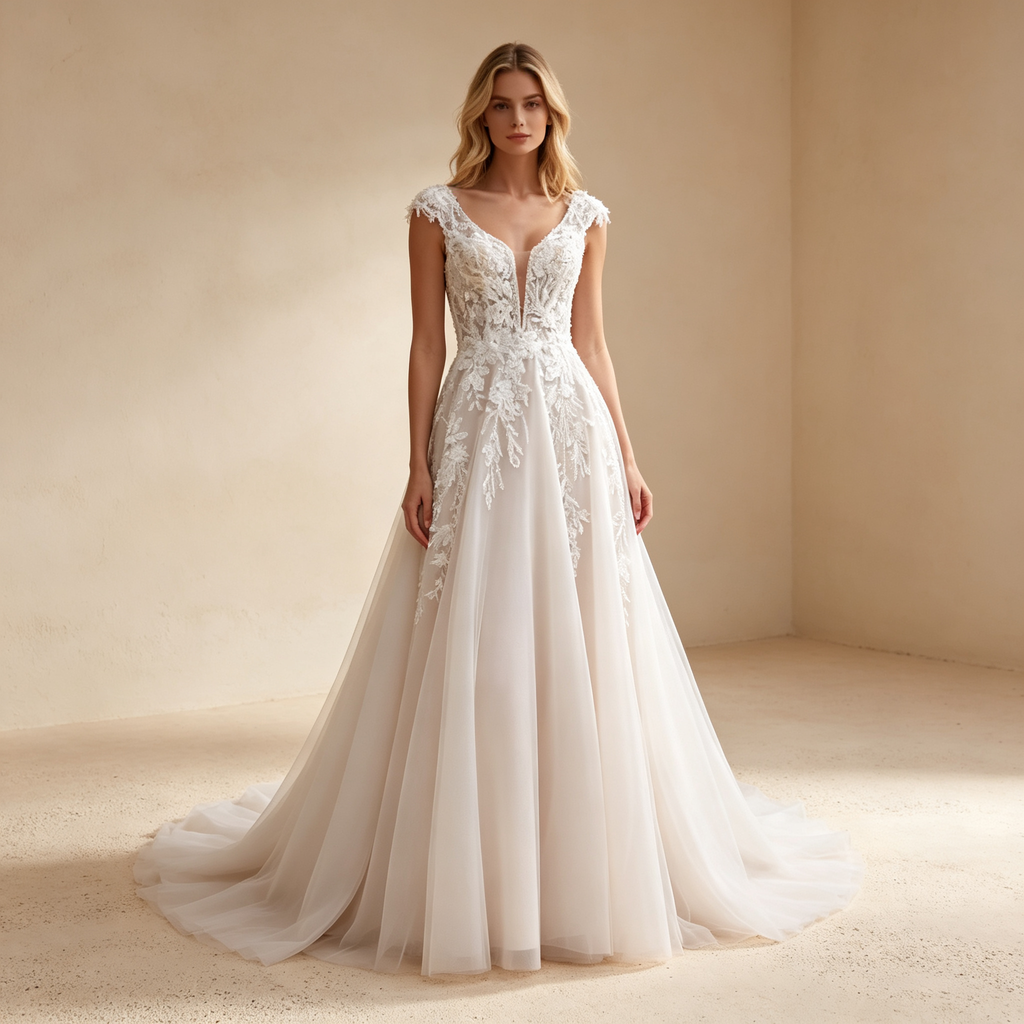 Tüll A-Linien-Abendkleid mit tiefem V-Ausschnitt, Cap-Sleeves & Spitzenapplikationen - Elfenbein