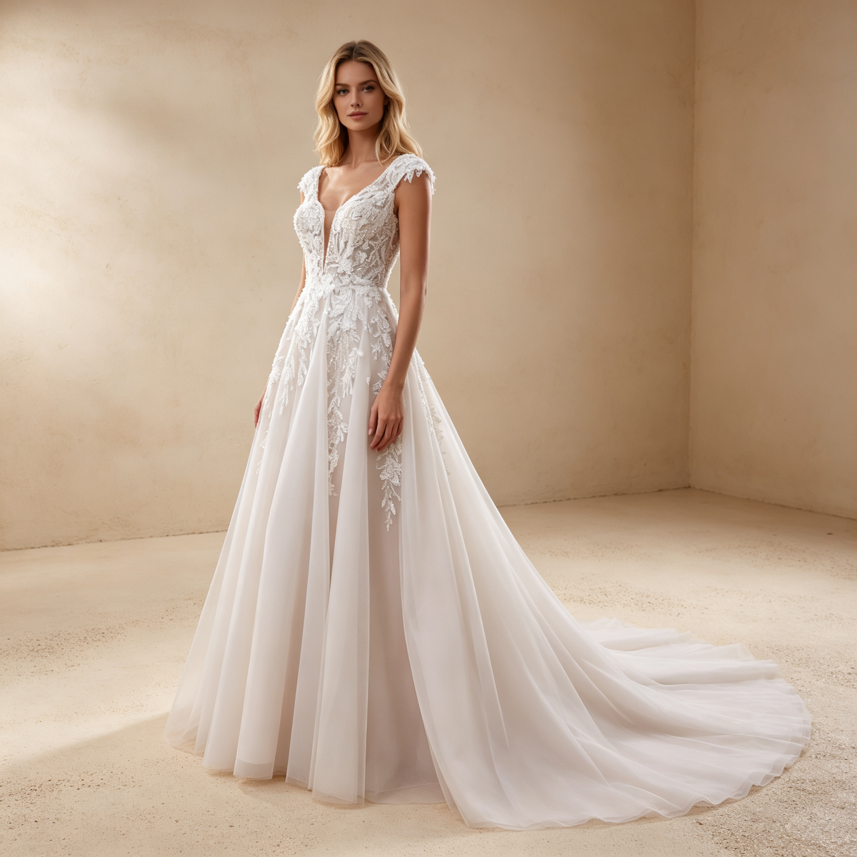Tüll A-Linien-Abendkleid mit tiefem V-Ausschnitt, Cap-Sleeves & Spitzenapplikationen - Elfenbein