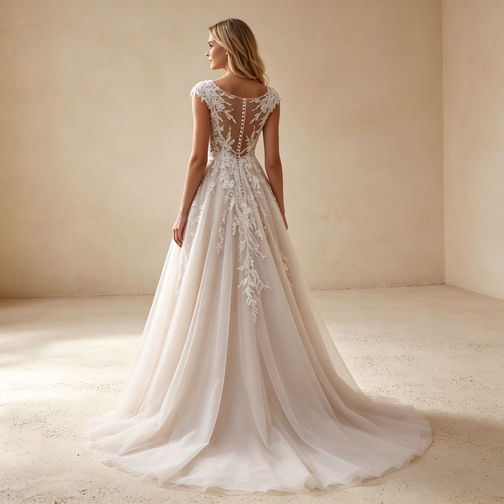 Tüll A-Linien-Abendkleid mit tiefem V-Ausschnitt, Cap-Sleeves & Spitzenapplikationen - Elfenbein