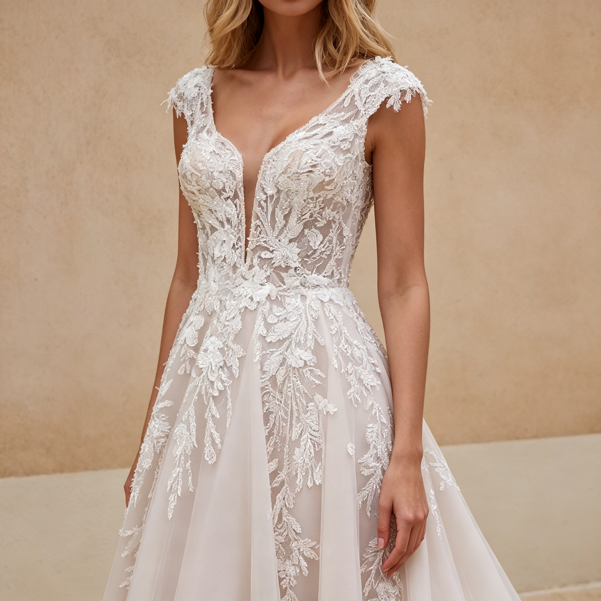 Tüll A-Linien-Abendkleid mit tiefem V-Ausschnitt, Cap-Sleeves & Spitzenapplikationen - Elfenbein