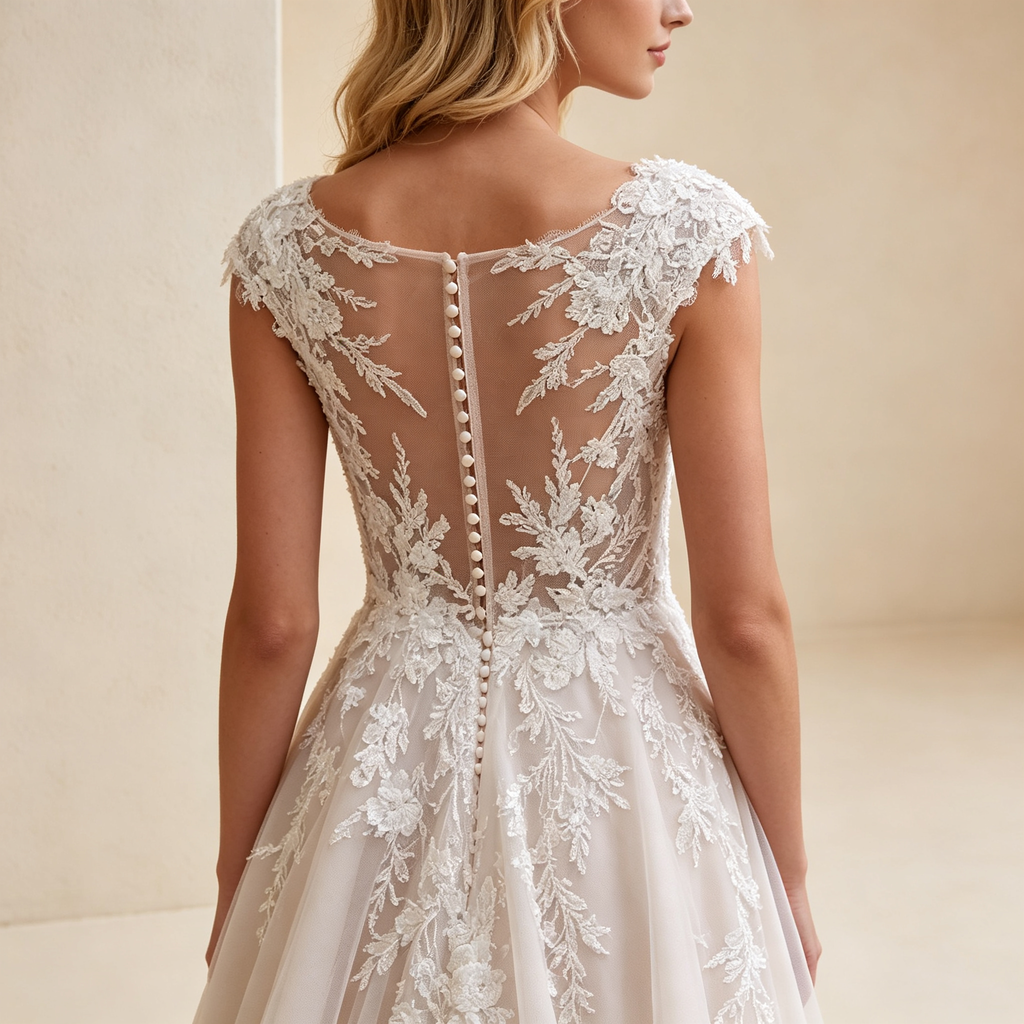 Tüll A-Linien-Abendkleid mit tiefem V-Ausschnitt, Cap-Sleeves & Spitzenapplikationen - Elfenbein