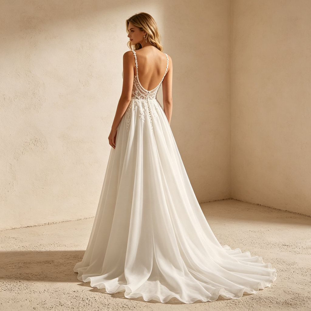 A-Linien-Abendkleid mit Beinschlitz, Chiffon & Spitzenkorsett - Elfenbein