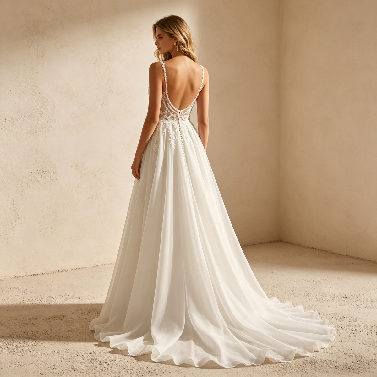 A-Linien-Abendkleid mit Beinschlitz, Chiffon & Spitzenkorsett - Elfenbein