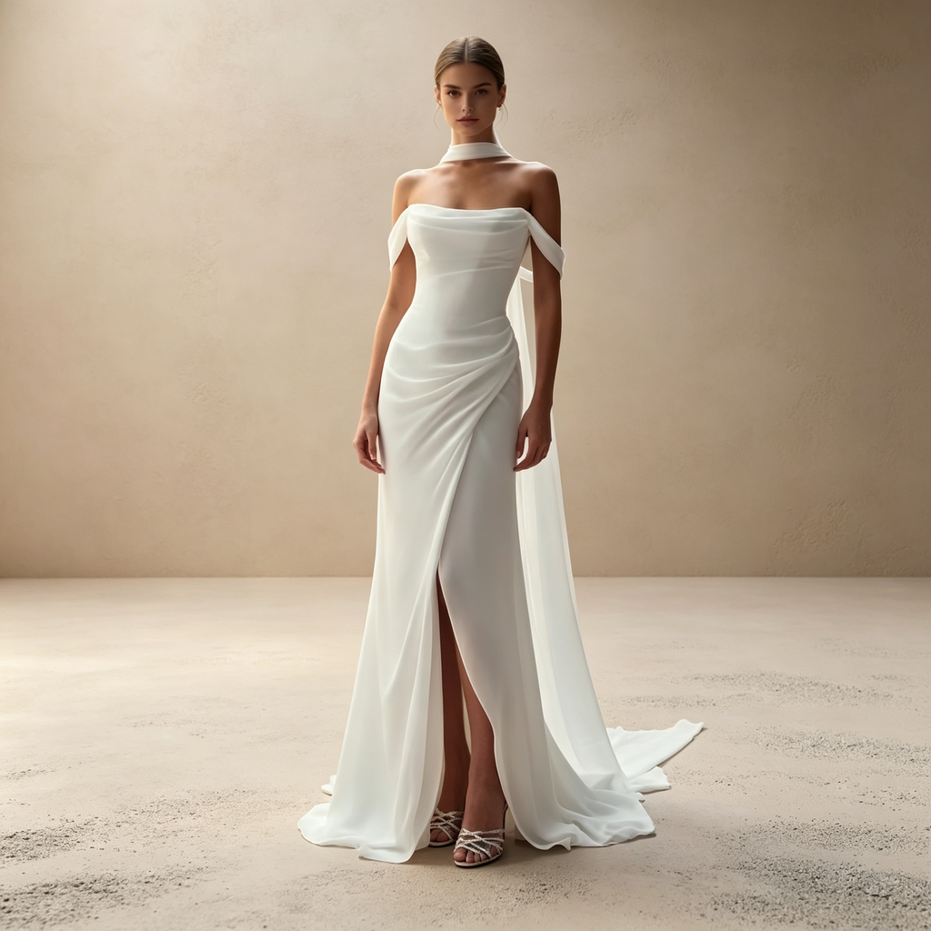 Schulterfreies Meerjungfrau-Abendkleid mit Raffung & Beinschlitz - Elfenbein