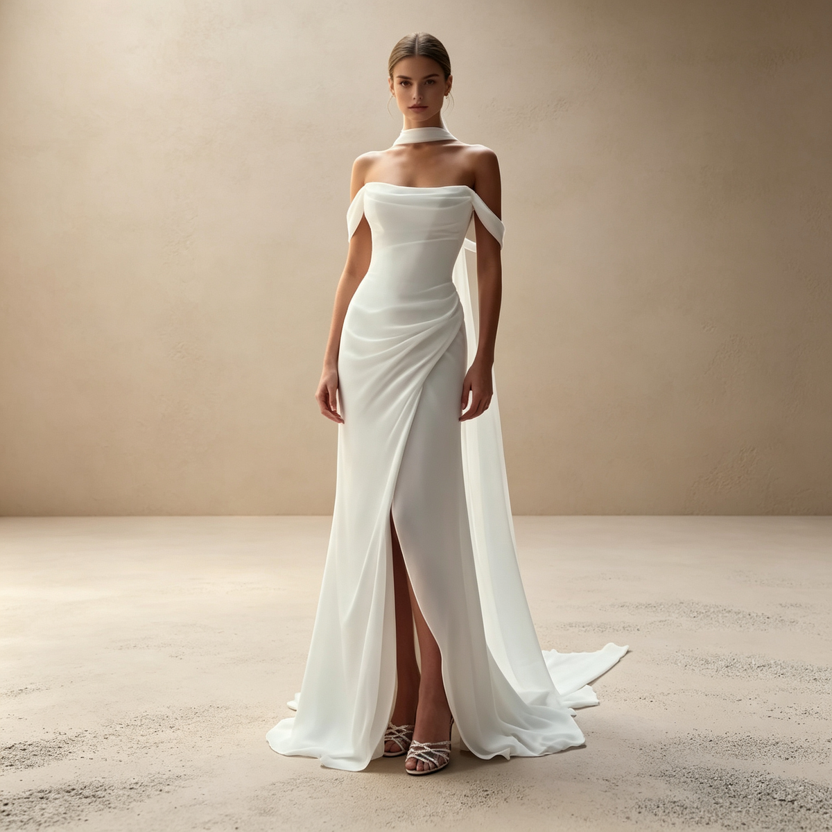 Schulterfreies Meerjungfrau-Abendkleid mit Raffung & Beinschlitz - Elfenbein
