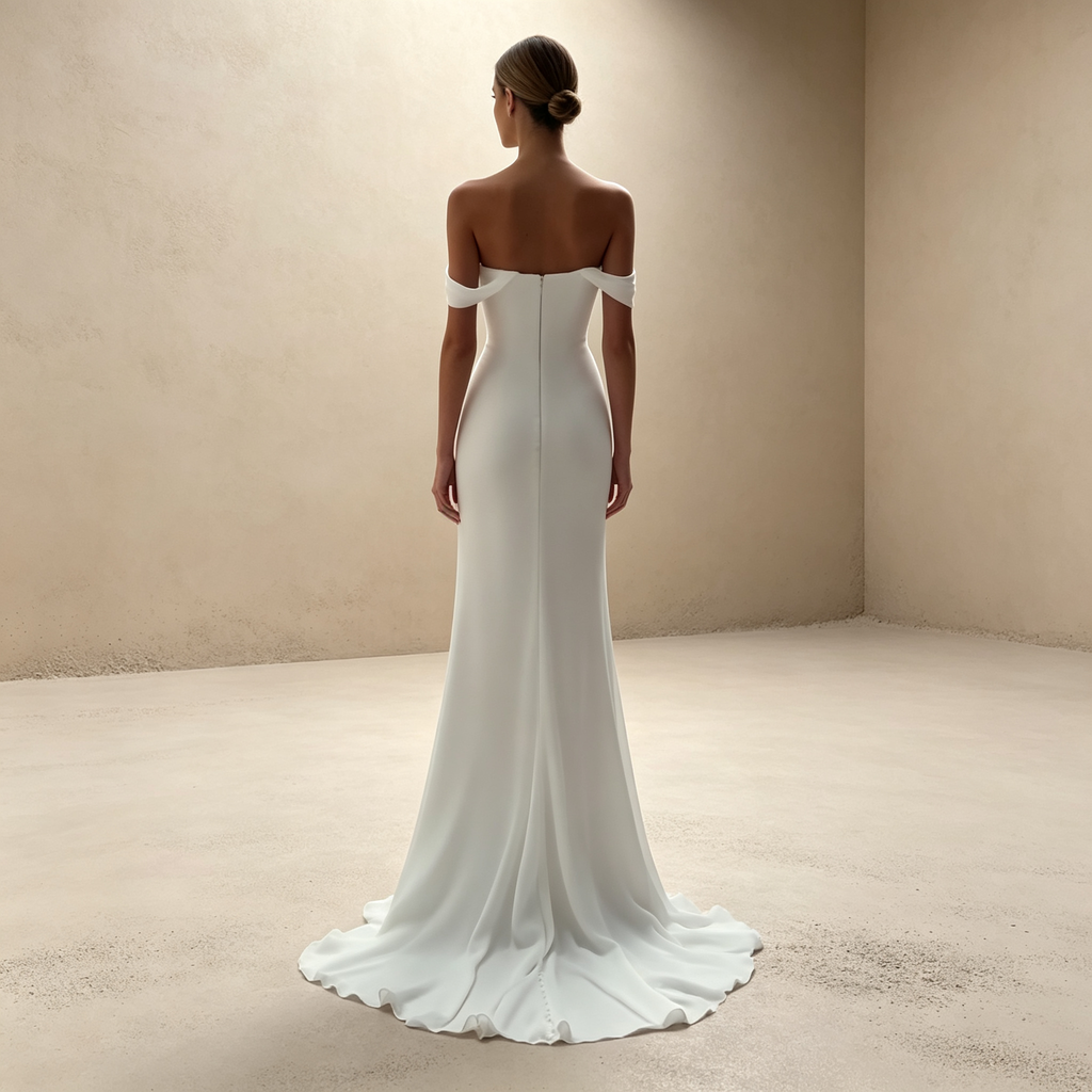 Schulterfreies Meerjungfrau-Abendkleid mit Raffung & Beinschlitz - Elfenbein