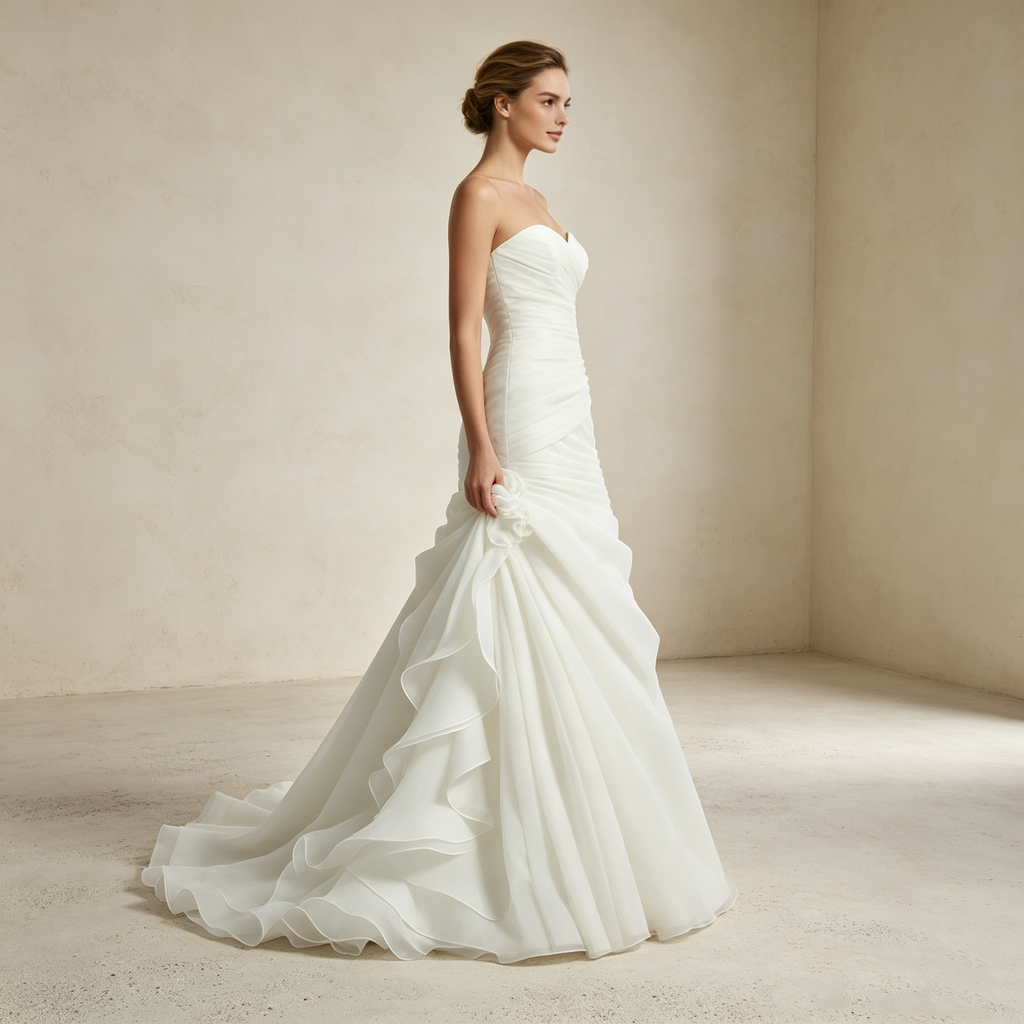 Dramatische Organza-Robe: Mermaid-Schnitt mit kunstvollen Rüschen-Kaskaden und romantischem Sweetheart-Dekolleté
