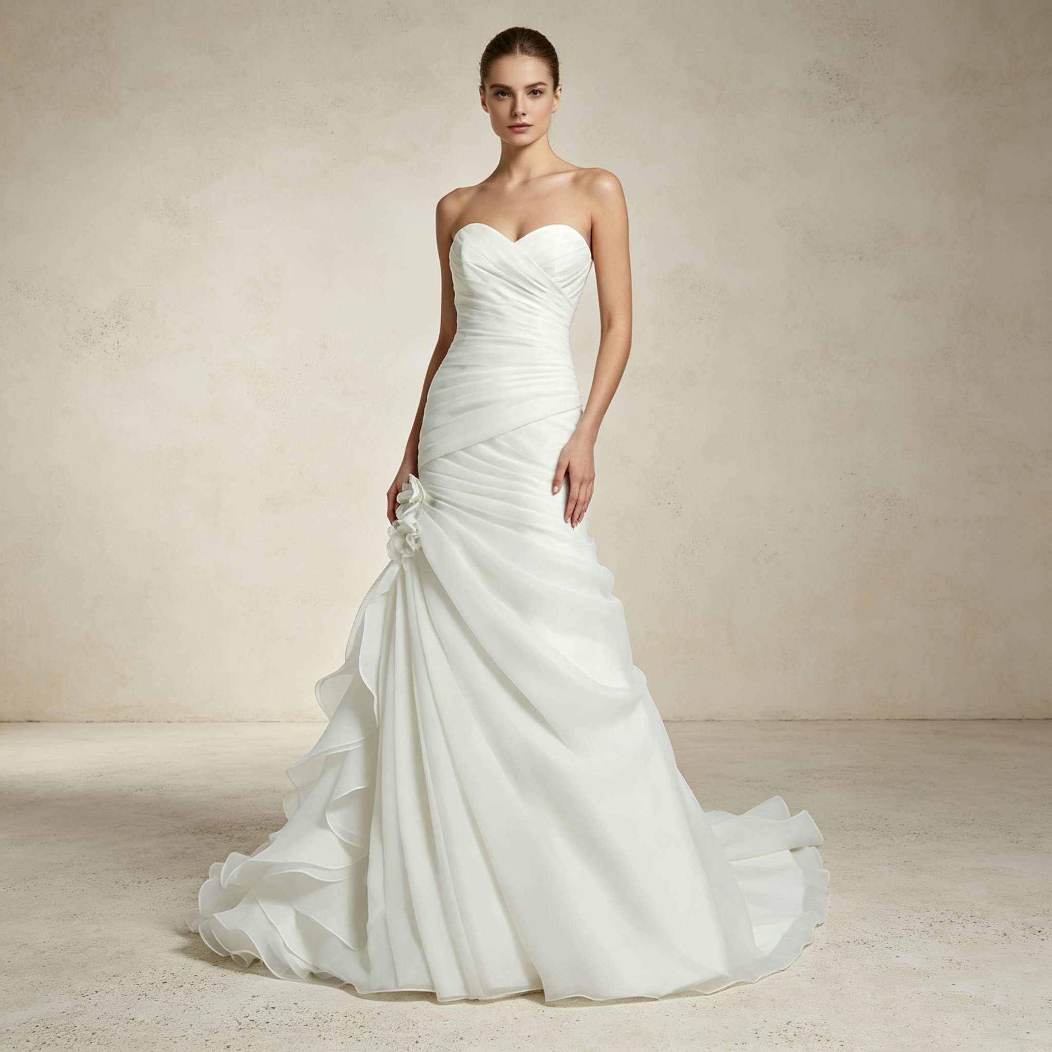 Dramatische Organza-Robe: Mermaid-Schnitt mit kunstvollen Rüschen-Kaskaden und romantischem Sweetheart-Dekolleté