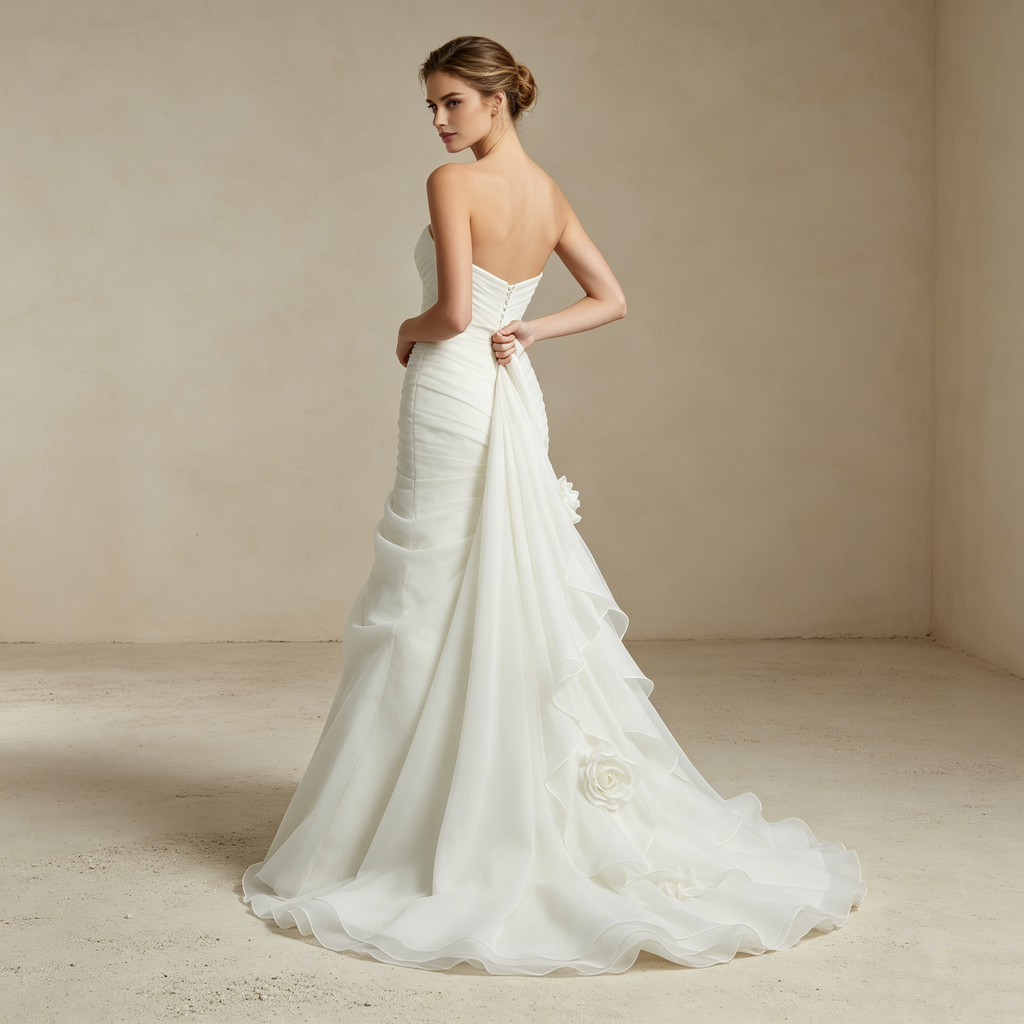 Dramatische Organza-Robe: Mermaid-Schnitt mit kunstvollen Rüschen-Kaskaden und romantischem Sweetheart-Dekolleté