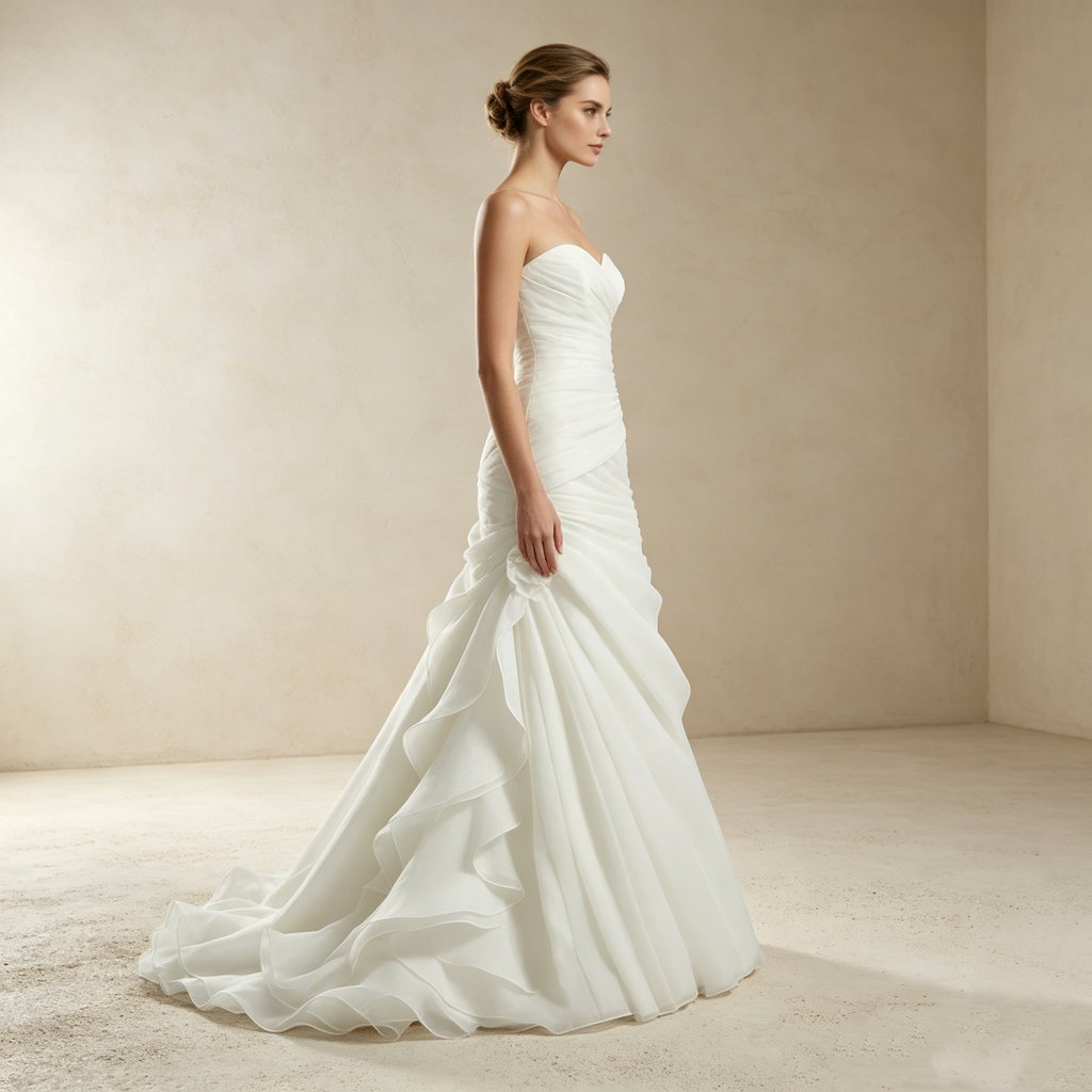 Dramatische Organza-Robe: Mermaid-Schnitt mit kunstvollen Rüschen-Kaskaden und romantischem Sweetheart-Dekolleté