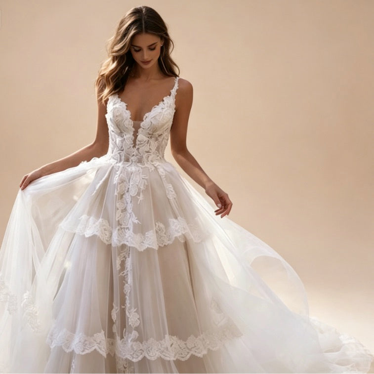 Exklusives weißes Abendkleid mit gestufter Spitze und V-Ausschnitt, bodenlanges Maxikleid mit Stickerei