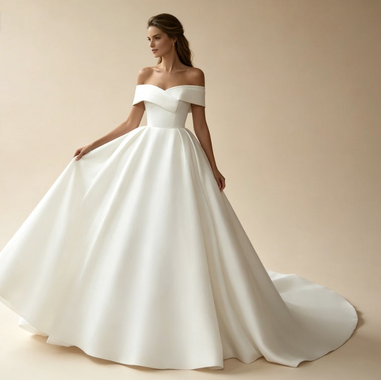 Exklusives weißes Satin-Maxikleid schulterfrei, elegantes bodenlanges Abendkleid in A-Linie mit Schleppe