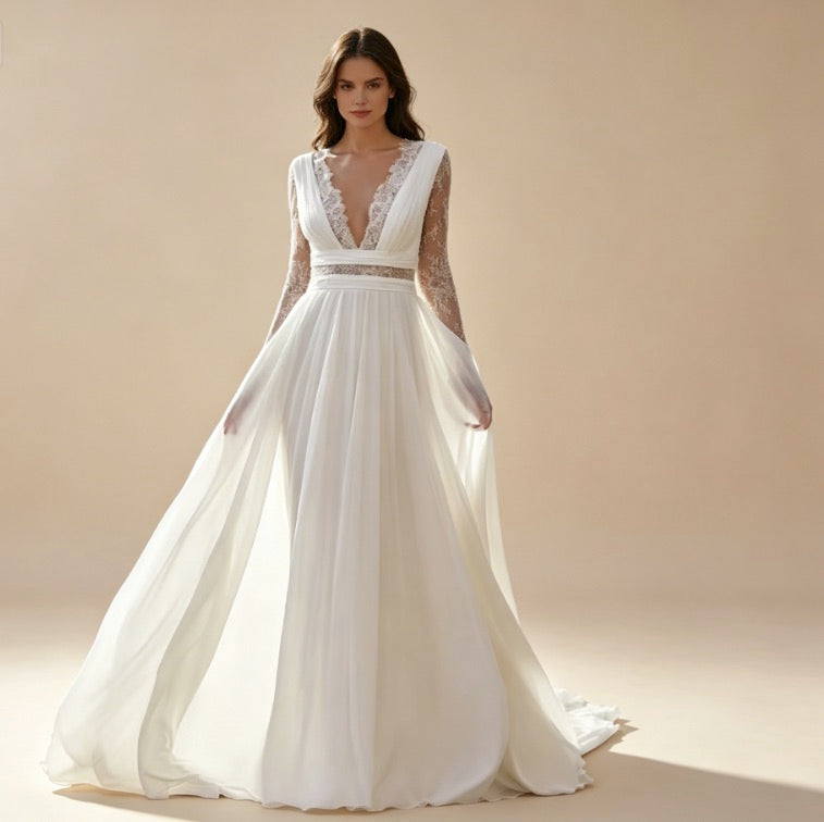 Elegantes weißes Abendkleid mit Spitze und V-Ausschnitt, bodenlanges Maxikleid mit langen Ärmeln