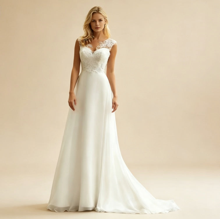 Elegantes weißes Maxikleid aus Chiffon mit floraler Spitze, bodenlanges Abendkleid mit Herzausschnitt