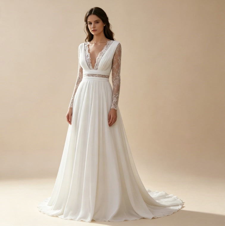 Elegantes weißes Abendkleid mit Spitze und V-Ausschnitt, bodenlanges Maxikleid mit langen Ärmeln
