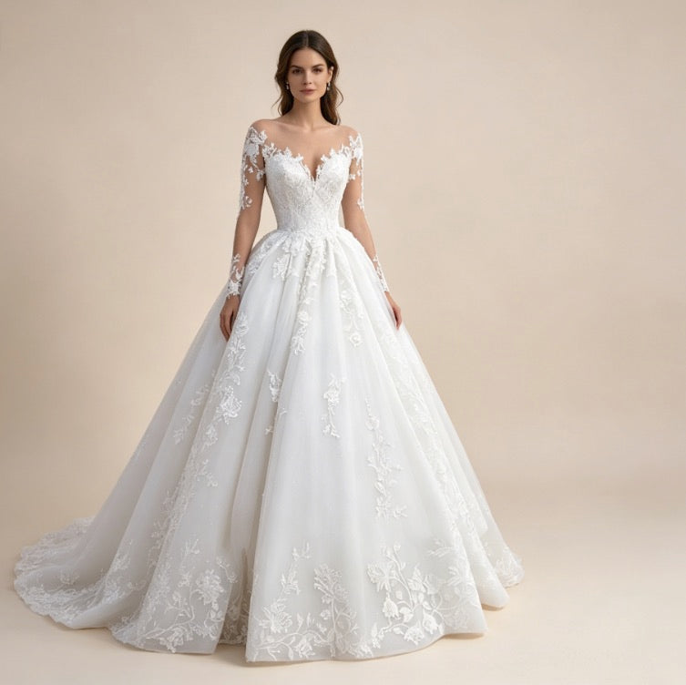 Exklusives weißes Abendkleid mit floraler Spitze und langen Ärmeln, luxuriöses Maxikleid mit V-Ausschnitt