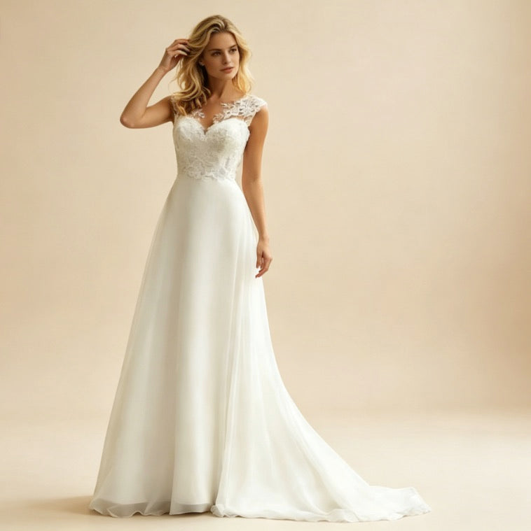 Elegantes weißes Maxikleid aus Chiffon mit floraler Spitze, bodenlanges Abendkleid mit Herzausschnitt