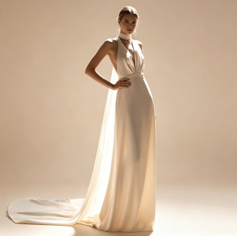 Exklusives weißes Satin-Maxikleid mit Neckholder und V-Ausschnitt, elegantes rückenfreies Abendkleid mit Schleppe