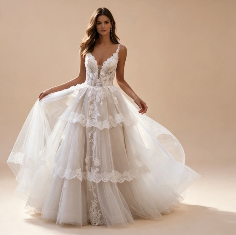 Exklusives weißes Abendkleid mit gestufter Spitze und V-Ausschnitt, bodenlanges Maxikleid mit Stickerei