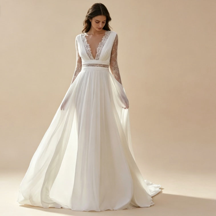 Elegantes weißes Abendkleid mit Spitze und V-Ausschnitt, bodenlanges Maxikleid mit langen Ärmeln