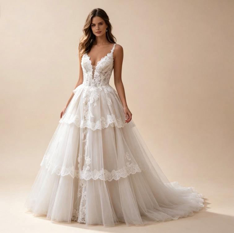 Exklusives weißes Abendkleid mit gestufter Spitze und V-Ausschnitt, bodenlanges Maxikleid mit Stickerei