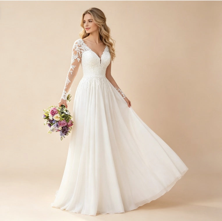 Elegantes weißes Maxikleid mit floraler Spitze und V-Ausschnitt, langärmliges Abendkleid in A-Linie