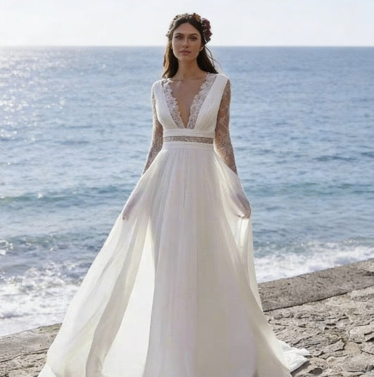 Lange Ärmel Spitze Boho Brautkleid Kleiner Schlepp Leicht Reise Brautkleid Größe