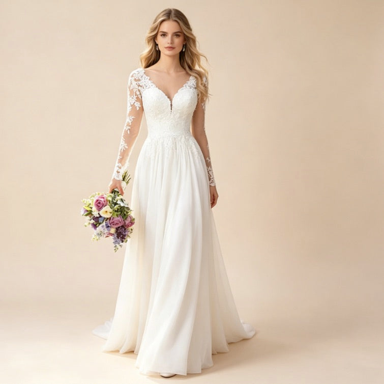 Elegantes weißes Maxikleid mit floraler Spitze und V-Ausschnitt, langärmliges Abendkleid in A-Linie