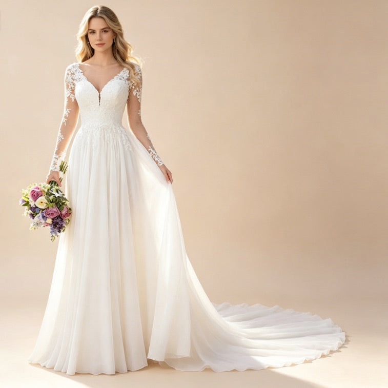 Elegantes weißes Maxikleid mit floraler Spitze und V-Ausschnitt, langärmliges Abendkleid in A-Linie