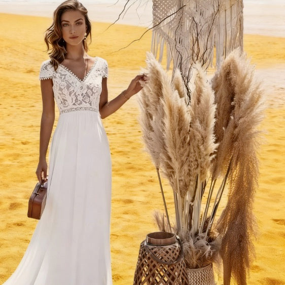 Bohemian Brautkleid A Linie V-Ausschnitt Kurzarm Elfenbein Chiffon
