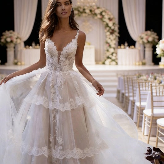 A Linie Brautkleid Prinzessin Lang Tüll V-Ausschnitt Ärmellos Elfenbein Größe