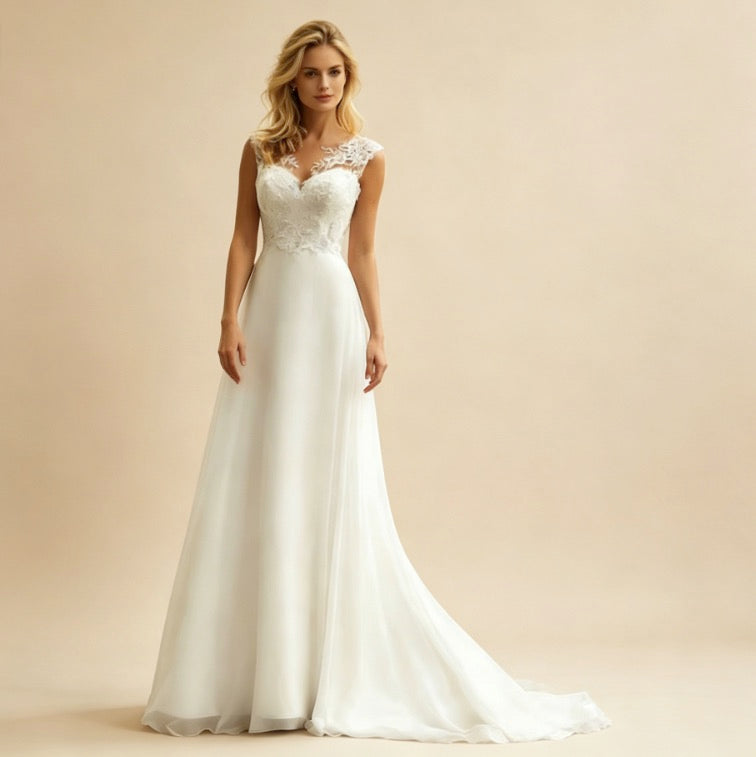 Elegantes weißes Maxikleid aus Chiffon mit floraler Spitze, bodenlanges Abendkleid mit Herzausschnitt