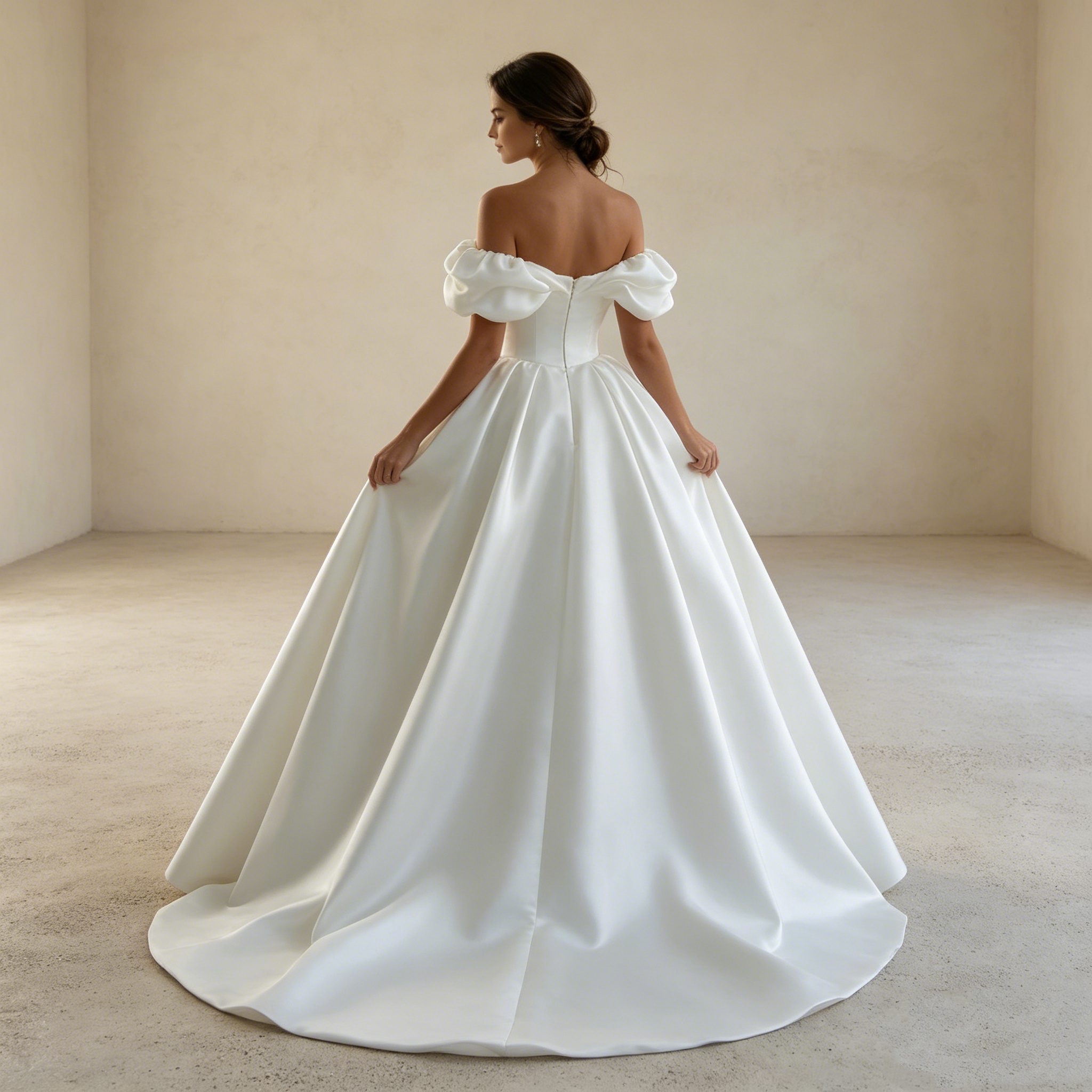 Bodenlanges weißes Kleid mit voluminösen Puffärmeln und femininem V-Ausschnitt