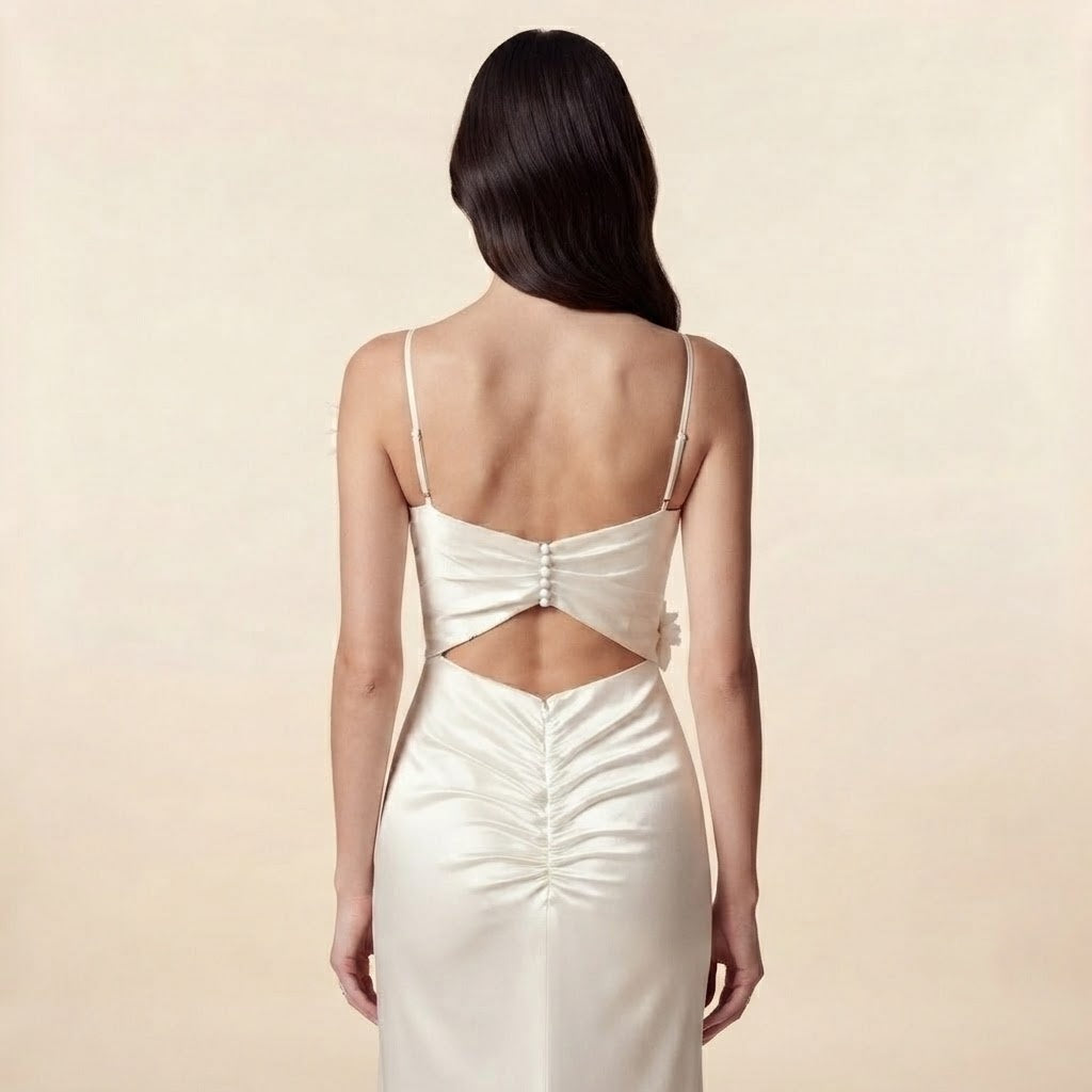 Elegantes Träger‑Abendkleid mit 3D‑Blumen Damen Lang Maxikleid Schlitz Cut‑Out Rücken Figurbetont